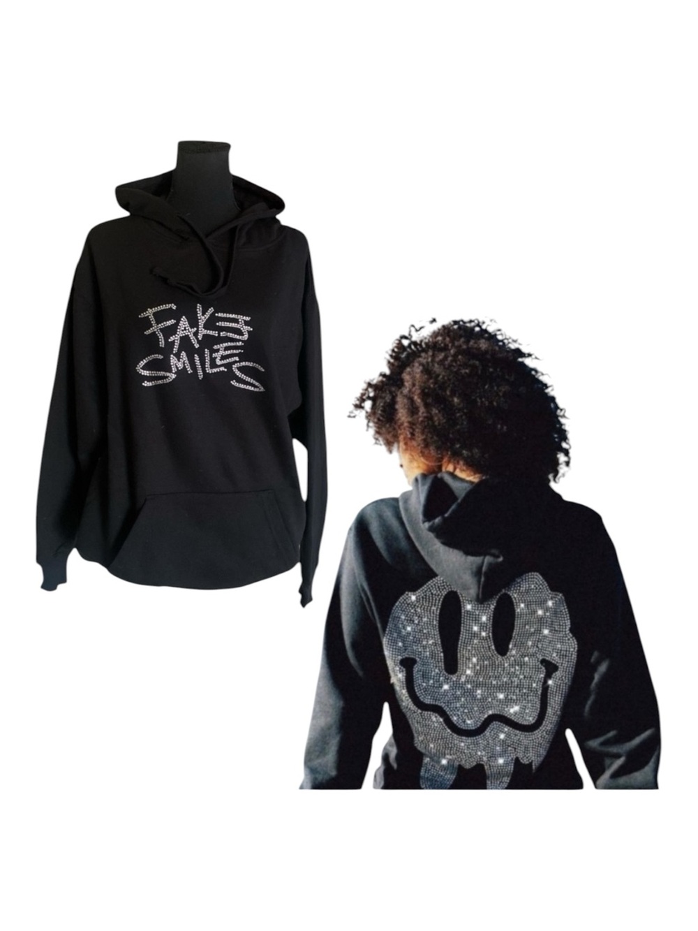 YOURS TRULY “FAKE SMILES” PHORA Fleece Hoodie Medium Black Silver Rhinestones